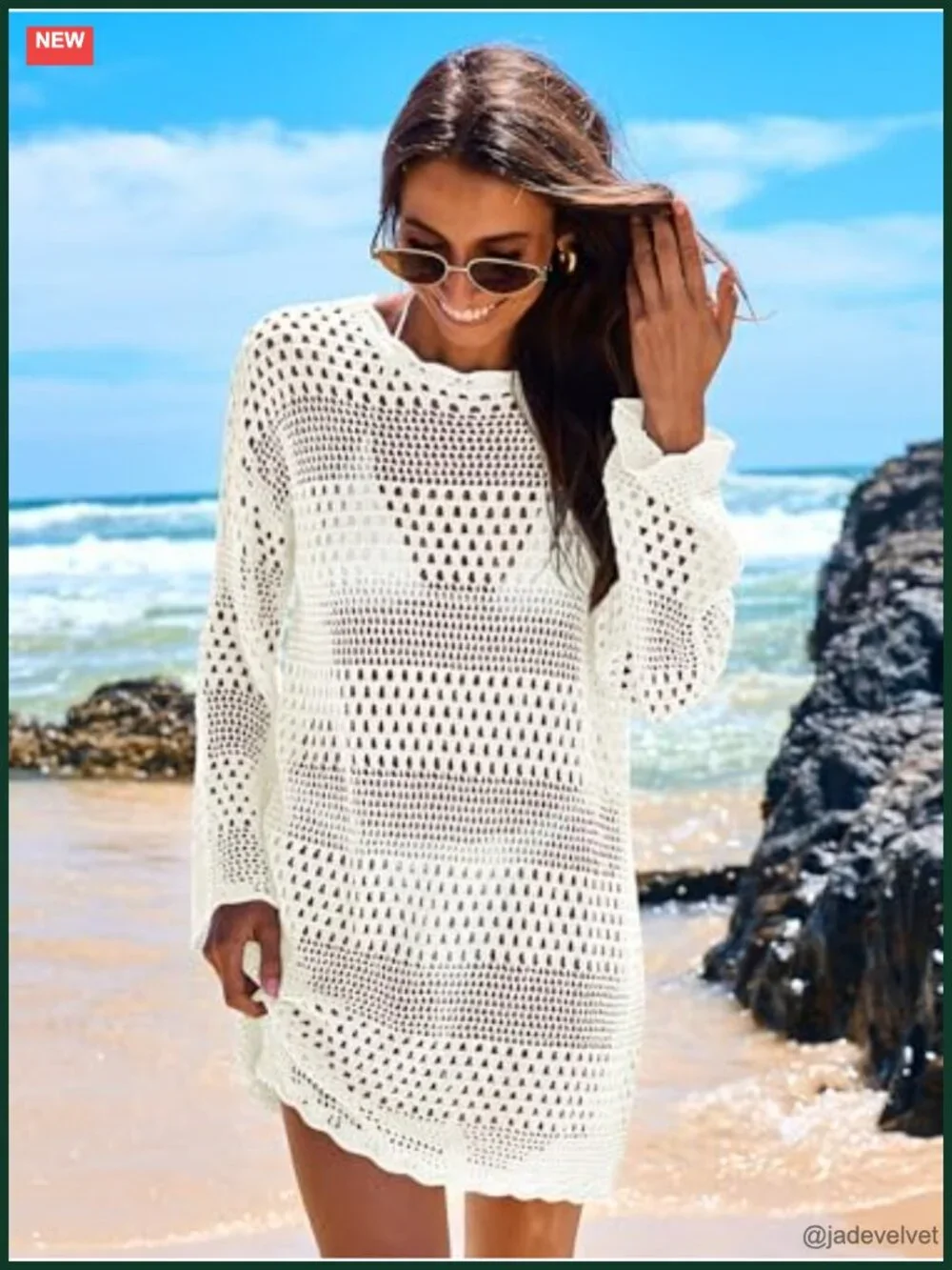 Crochet Knit Swim Cover Up Dress Long Sleeve Hollow Out Beach Dress